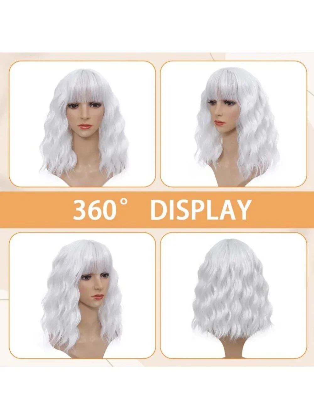 Women's White 14 Inch Short Shoulder Length Synthetic Bangs Wavy Bob Wig